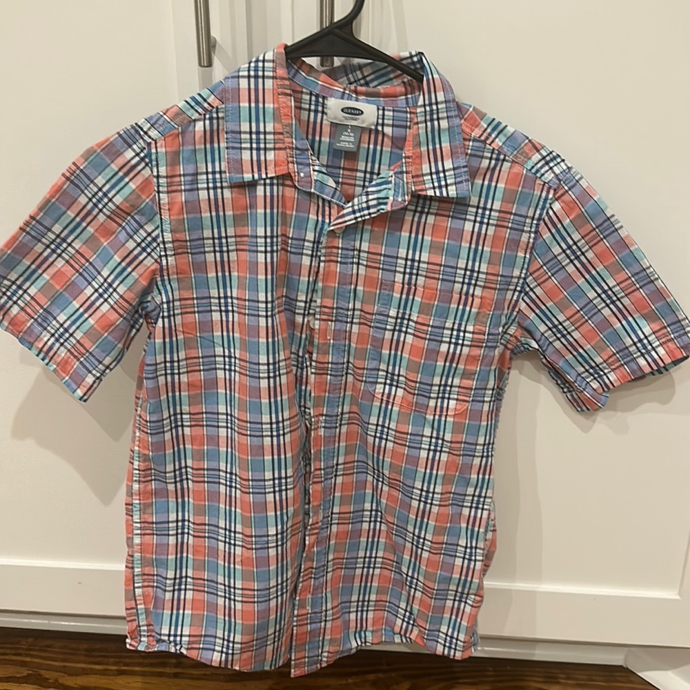 Boys old navy button down, blue and coral plaid. Size large. Like new, worn once